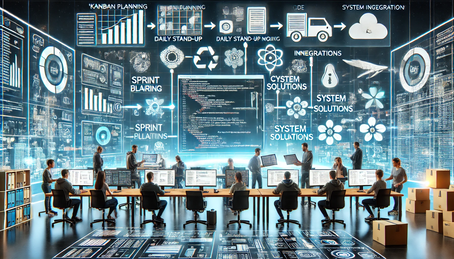 DALL·E 2025-02-19 22.17.28 - A high-quality, modern illustration of a software application development company specializing in complex solutions and agile methodology, with clearl